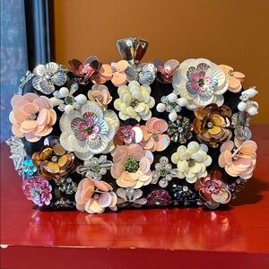 Floral Embellished Black Clutch